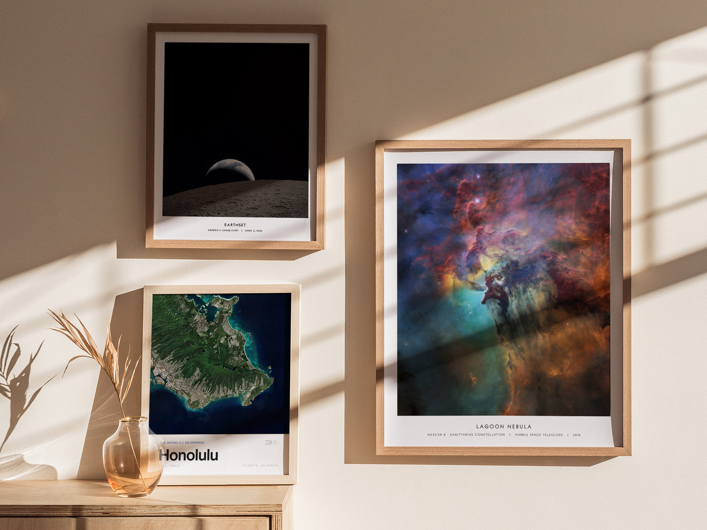 Vibrant Lagoon Nebula wall art print showcasing deep blues, fiery reds, and swirling cosmic structures from the Sagittarius constellation.