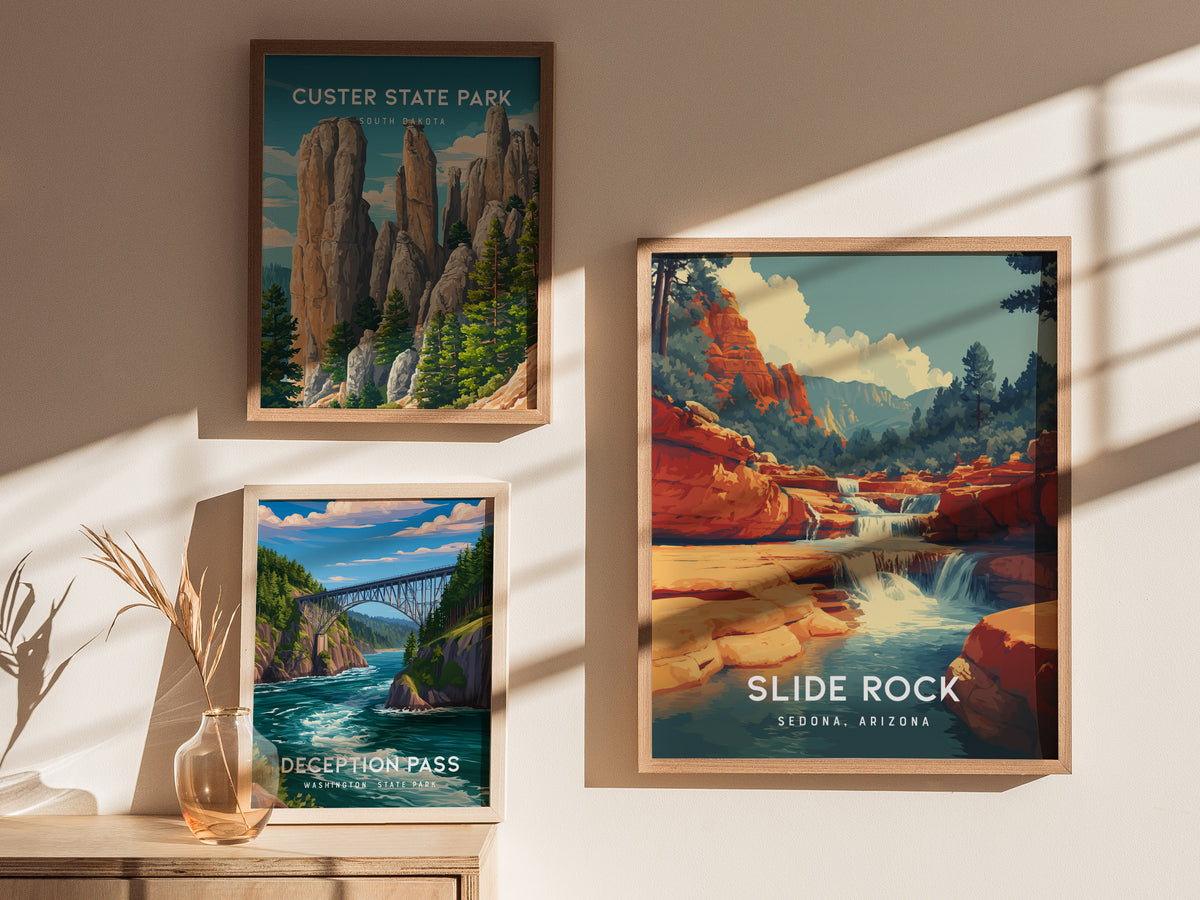Slide Rock, Sedona, Arizona Poster | Red Rock Swimming Hole Destination Print Wall Art — styled in a modern interior