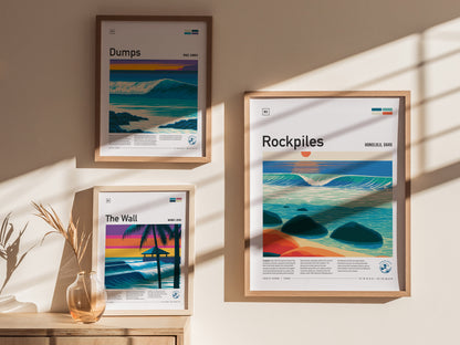 Rockpiles, Hawaii Poster | Golden Hour North Shore Surf Wall Art — styled in a modern interior