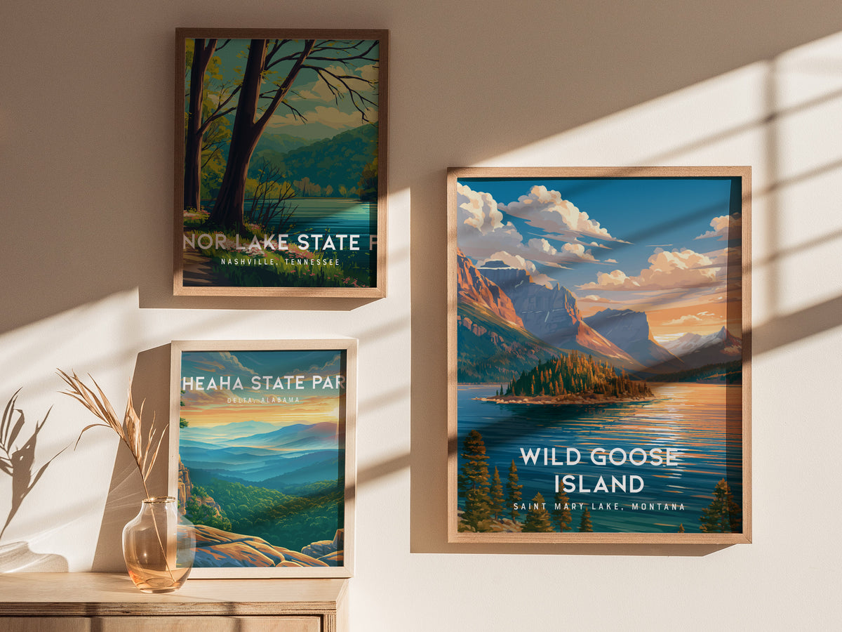 Wild Goose Island, Saint Mary Lake, Montana Poster | Mountain Lake Destination Print Wall Art — styled in a modern interior