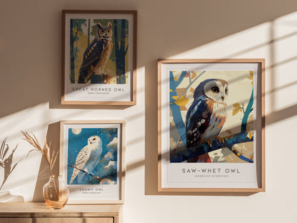 Saw-whet Owl Poster | Northern Forest Bird Art | Cabin Decor