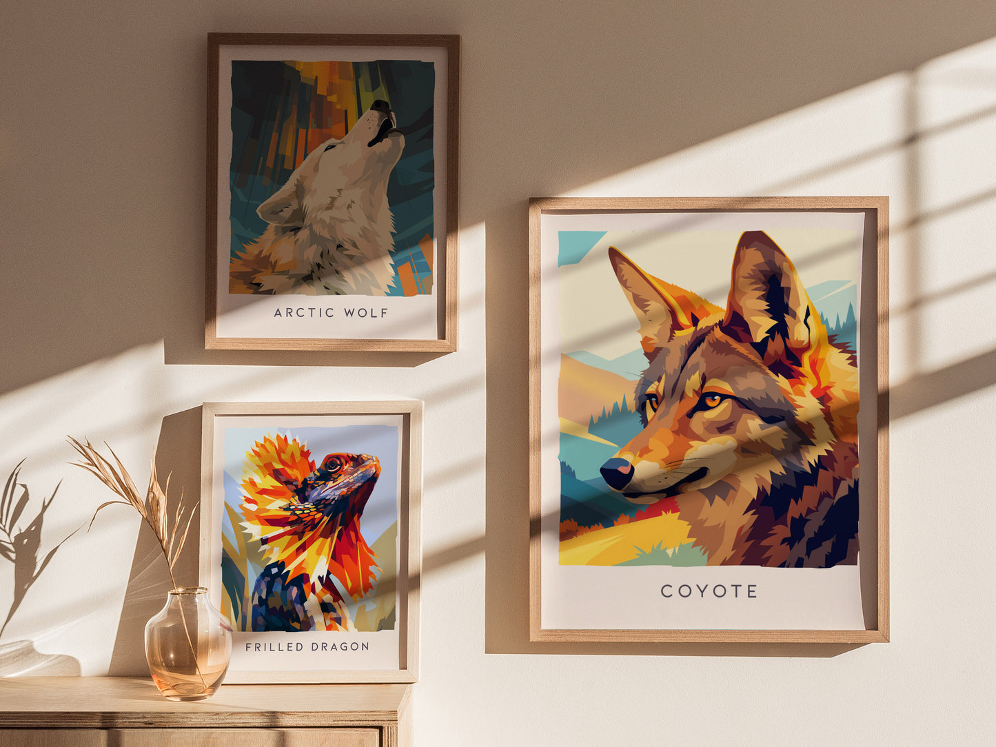 Coyote Poster | Wild Spirit of the Open West Wall Art — styled in a modern interior