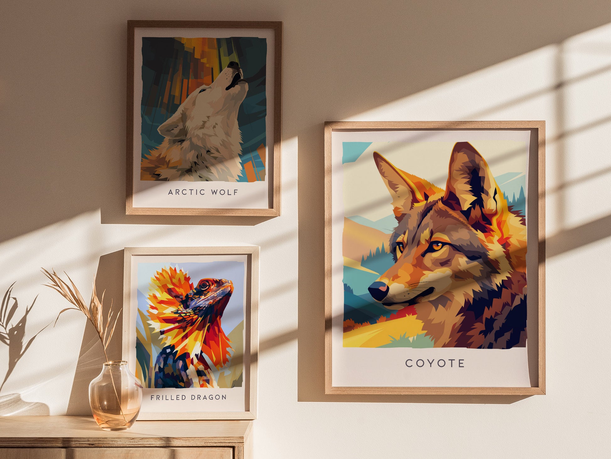 Coyote Poster | Wild Spirit of the Open West Wall Art — styled in a modern interior