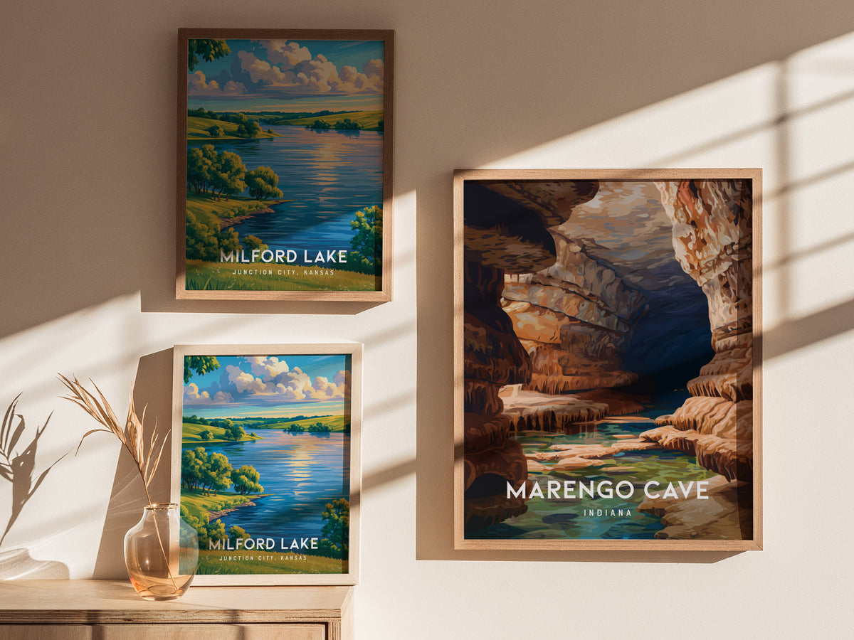 Marengo Cave, Indiana Poster | Underground Adventure Destination Print Wall Art — styled in a modern interior