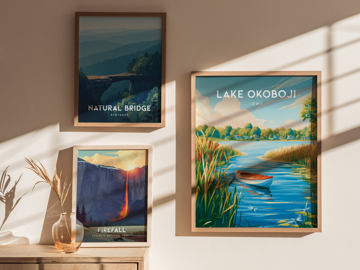 Lake Okoboji, Iowa Poster | Lakeside Sunset Destination Print Wall Art — styled in a modern interior