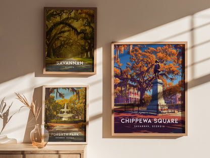 Chippewa Square, Savannah, Georgia Poster | Historic Southern Charm Destination Print Wall Art — styled in a modern interior