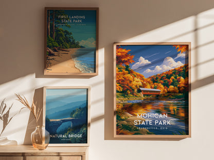 Mohican State Park, Loudonville, Ohio Poster | Wilderness River & Forest Travel Wall Art — styled in a modern interior