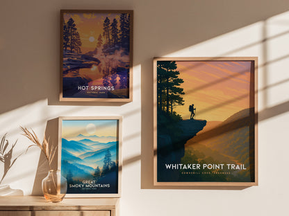 Framed Whitaker Point poster featuring a silhouetted hiker on a cliff at sunset, vibrant sky, and lush valley, perfect travel art.