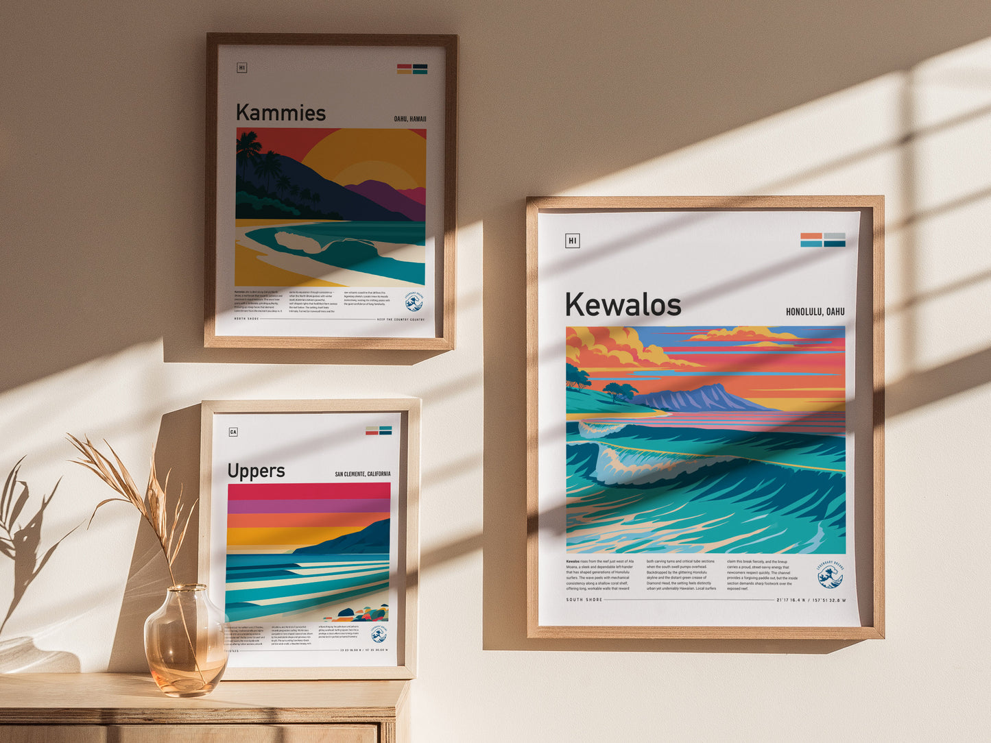 Kewalos, Hawaii Poster | Golden Surf & Diamond Head Wall Art — styled in a modern interior