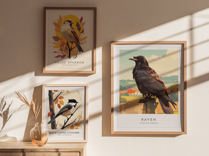 Framed raven art print with a vintage style, showcasing a black bird on a wooden post amid serene farmhouse scenery.