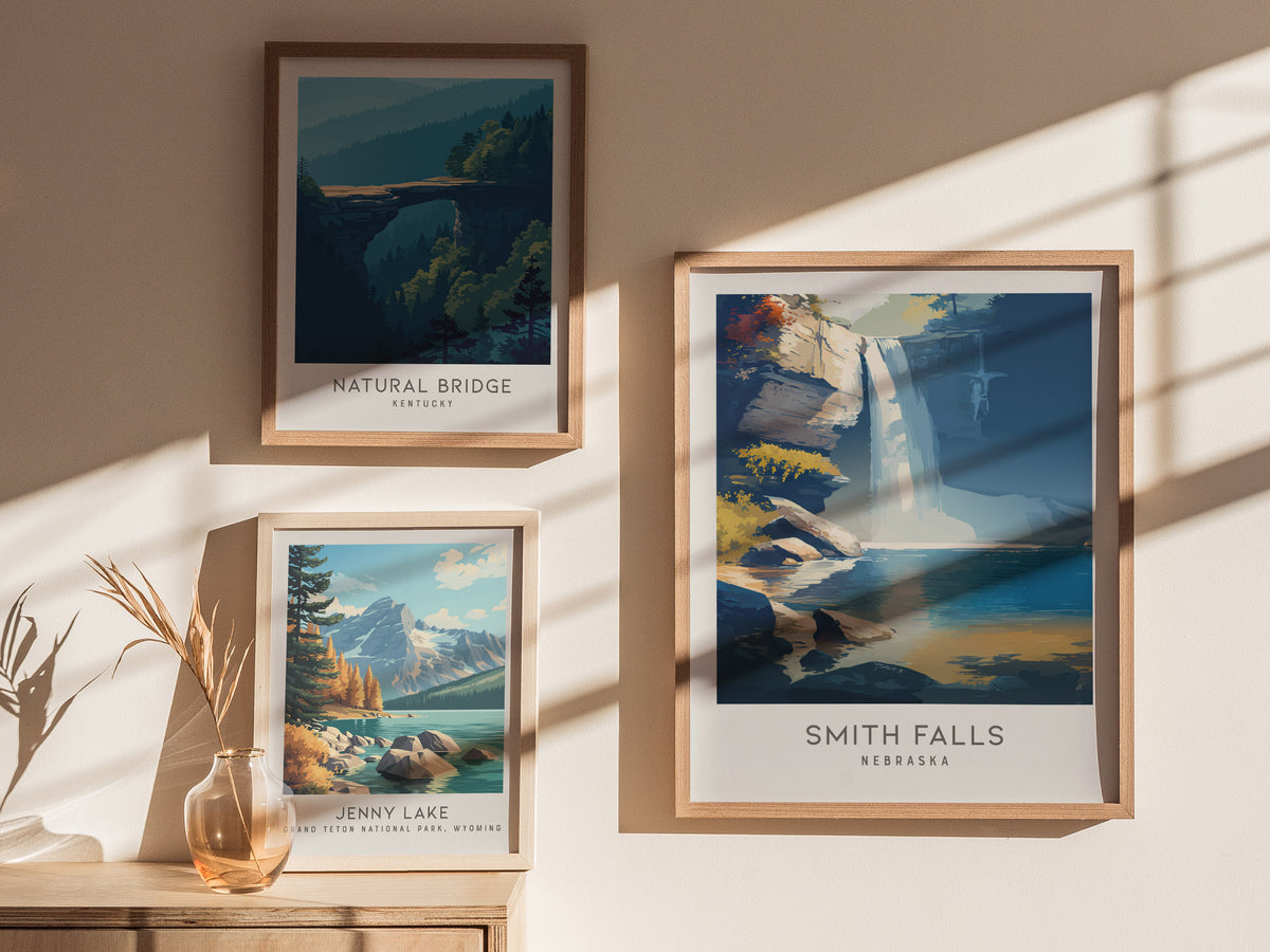 Smith Falls Matte Border Poster | Nebraska Travel Wall Art — styled in a modern interior