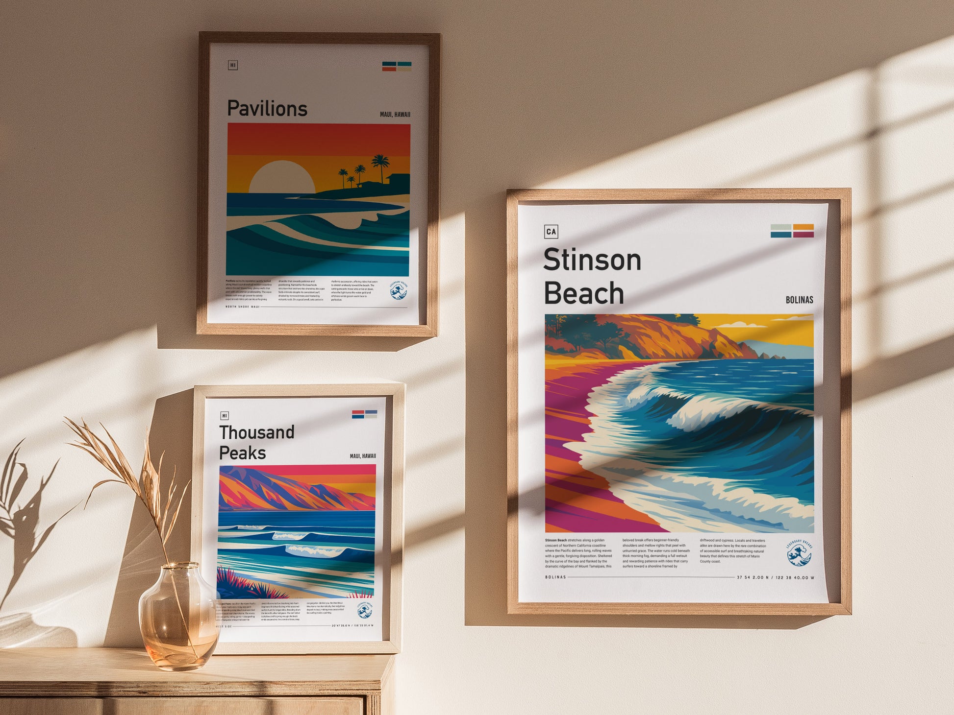 Stinson Beach, California Poster | Golden Coast Surf & Sunset Wall Art — styled in a modern interior