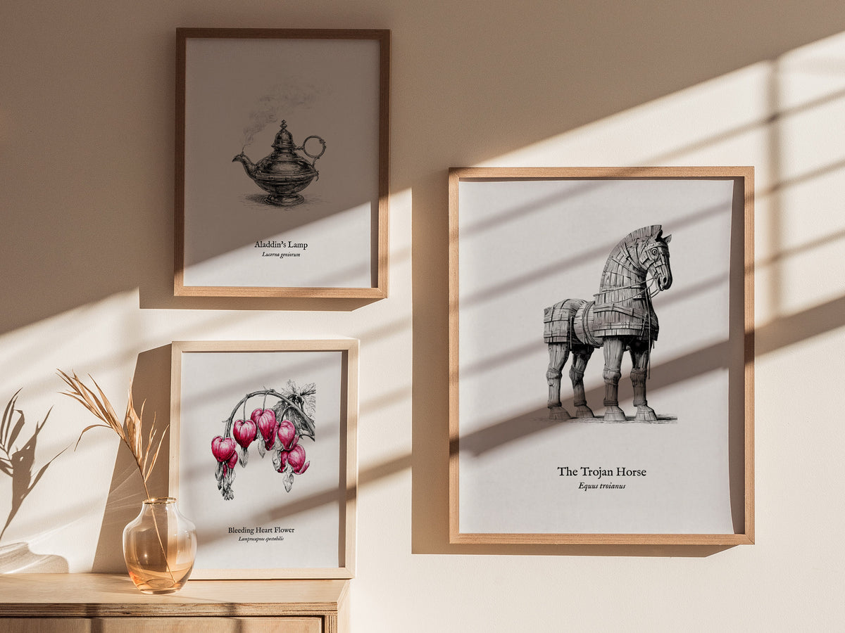 The Trojan Horse Poster | Equus Troianus Pen and Ink Print Vintage Scientific Illustration Wall Art — styled in a modern inte