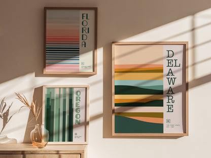 Three framed minimalist posters featuring abstract designs of Florida, Delaware, and Oregon hang on a sunlit wall. A glass vase with dry foliage sits on a wooden surface.