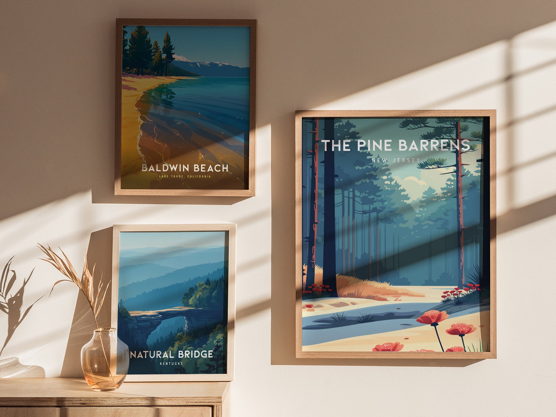 The Pine Barrens, New Jersey Poster | Misty Pines & Cranberry Bogs Wall Art — styled in a modern interior