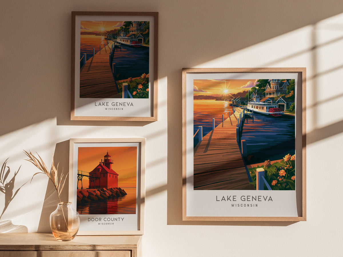 Lake Geneva Matte Border Poster | Wisconsin Travel Wall Art — styled in a modern interior