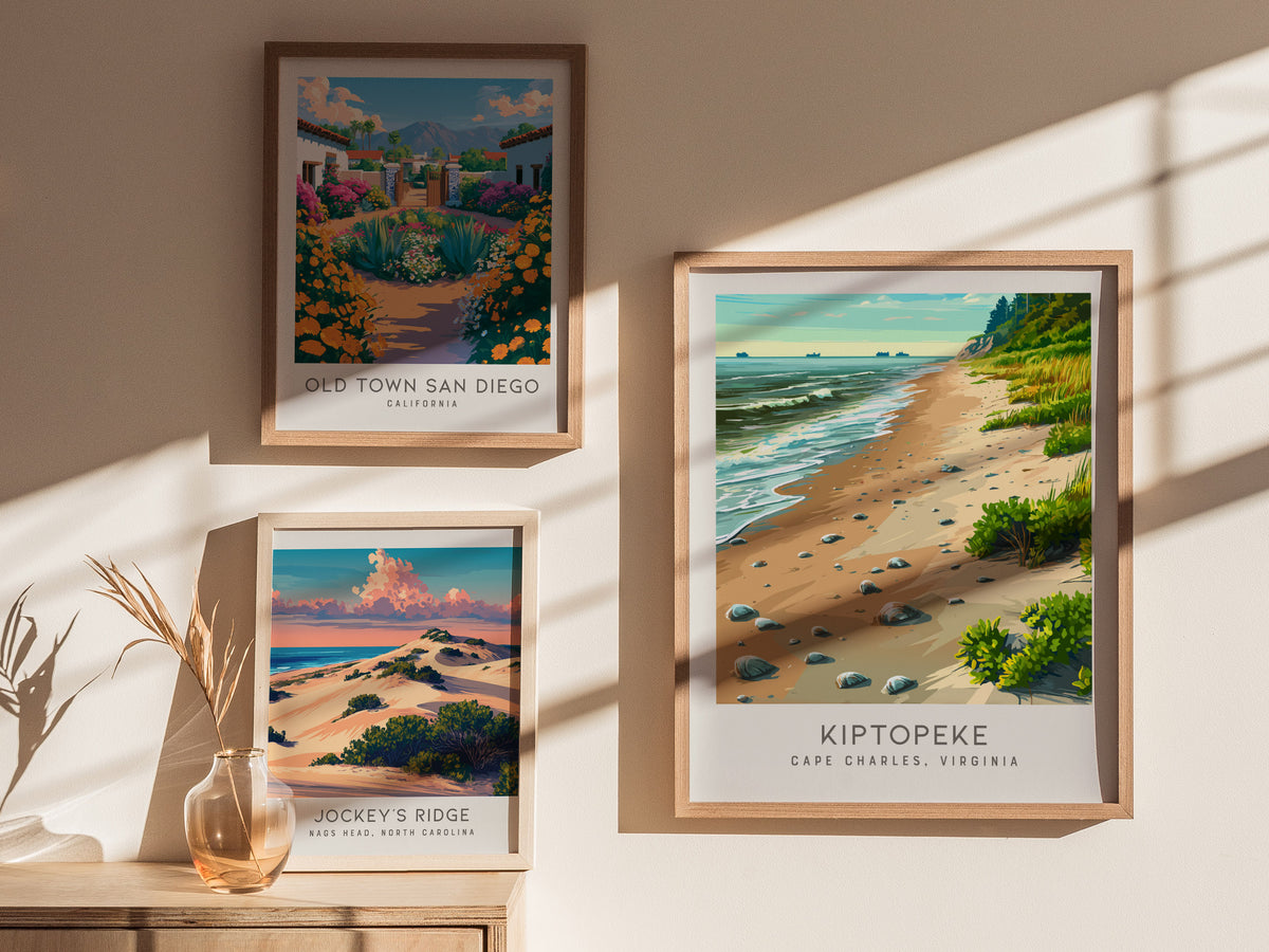 Kiptopeke Matte Border Poster | Cape Charles, Virginia Coastal Beach Decor — styled in a modern interior