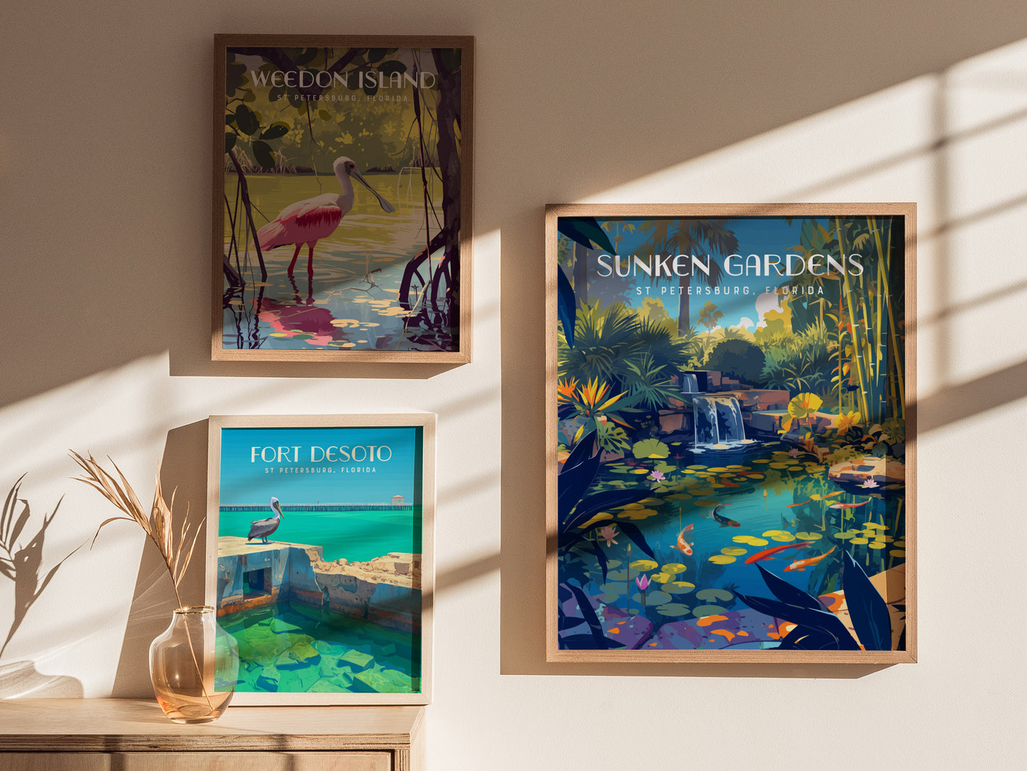 Three framed posters are displayed on a wall, featuring images of Weedon Island, Fort Desoto, and Sunken Gardens, each showcasing vibrant natural scenes. Shadows and a vase add ambiance.