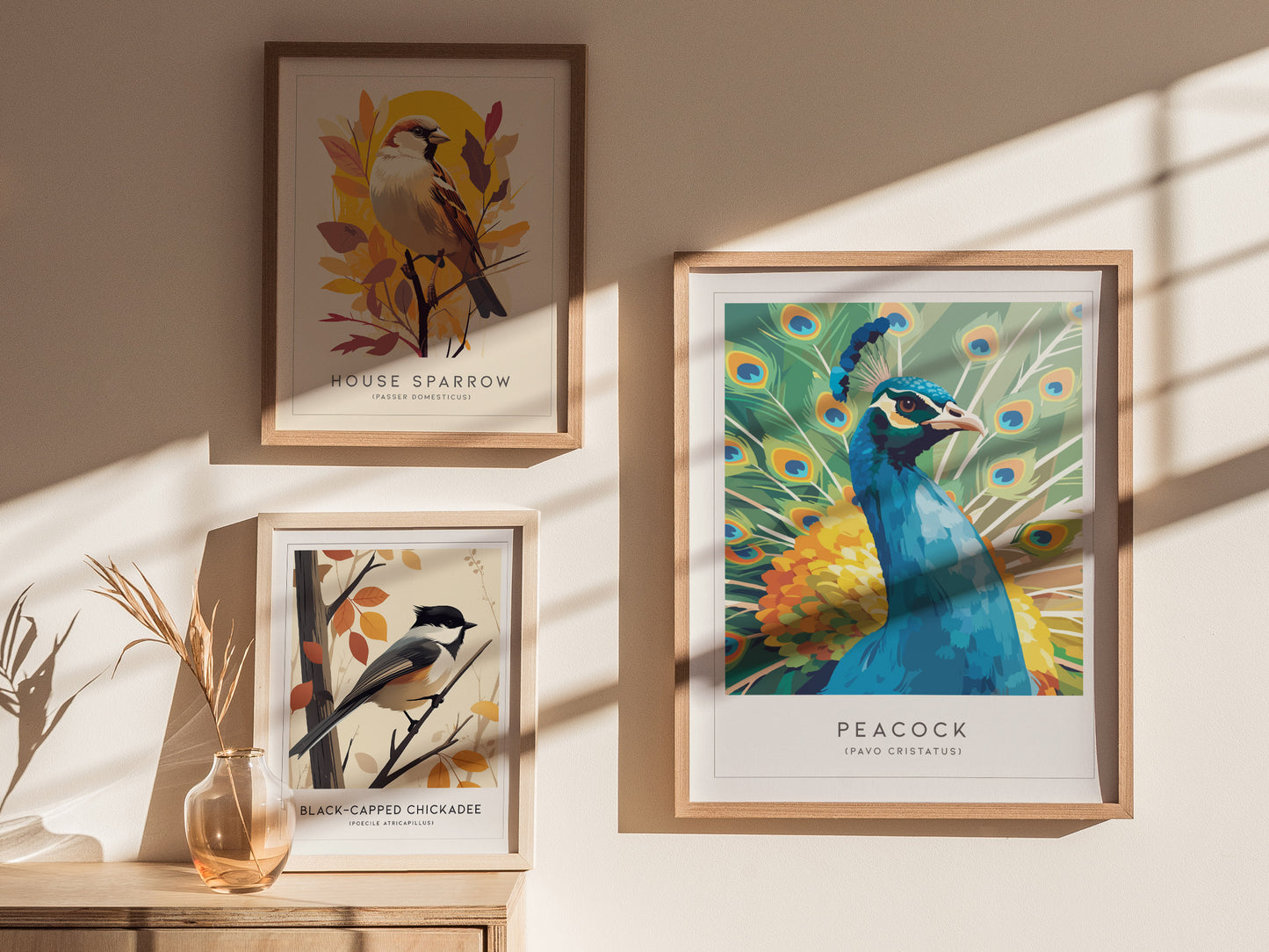 Stylized peacock illustration in vibrant blues and greens, with fanned tail feathers in yellow and orange, framed nature art print.