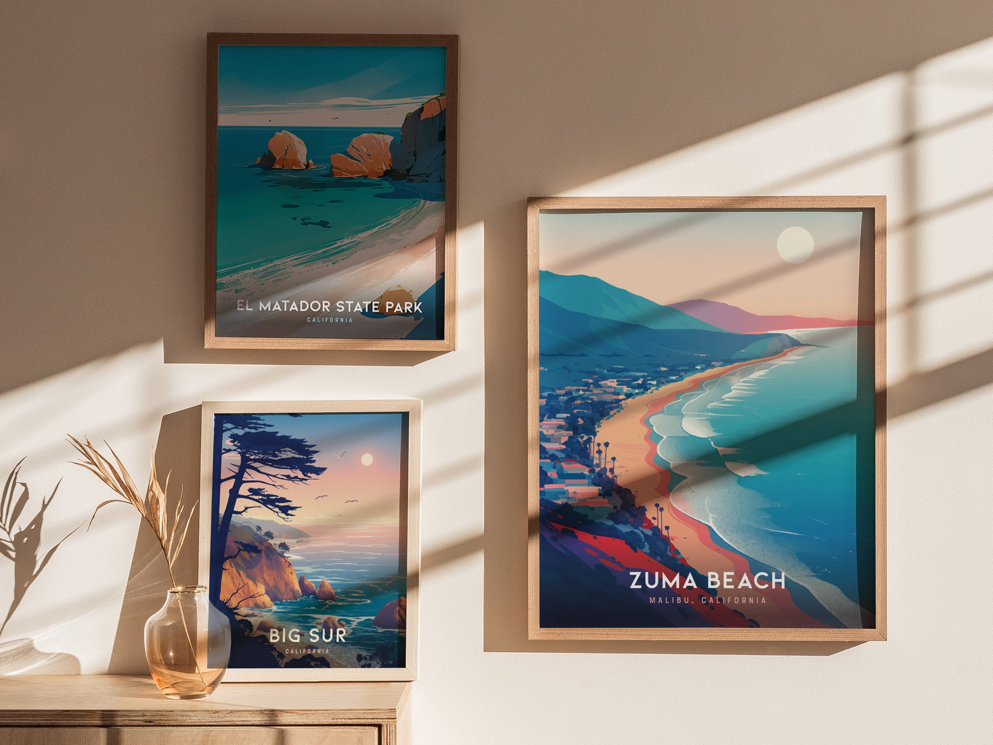 Stylized Zuma Beach poster featuring pastel colors and a serene coastal view, perfect travel art for home decor.