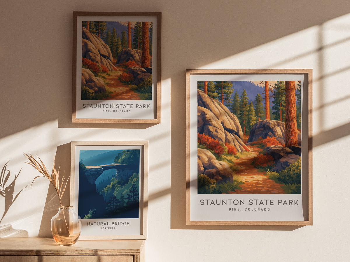 Staunton State Park Matte Border Poster | Pine, Colorado Destination Print Travel Wall Art — styled in a modern interior