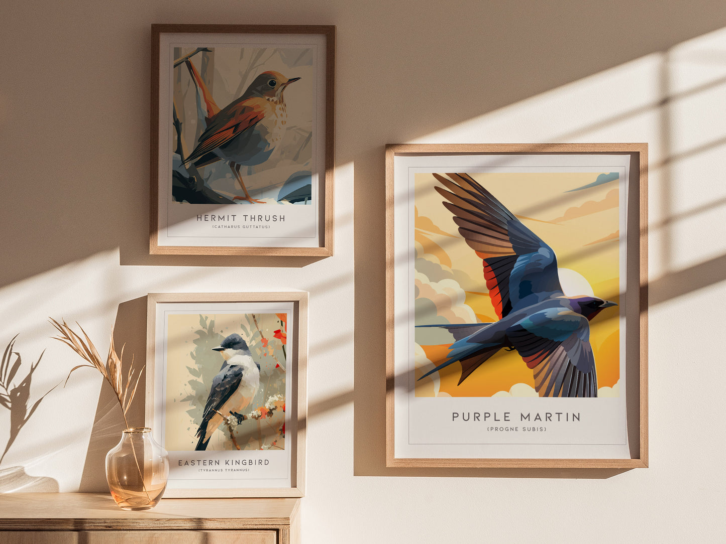 Purple Martin Poster | Graceful Songbird in Golden Light Wall Art — styled in a modern interior