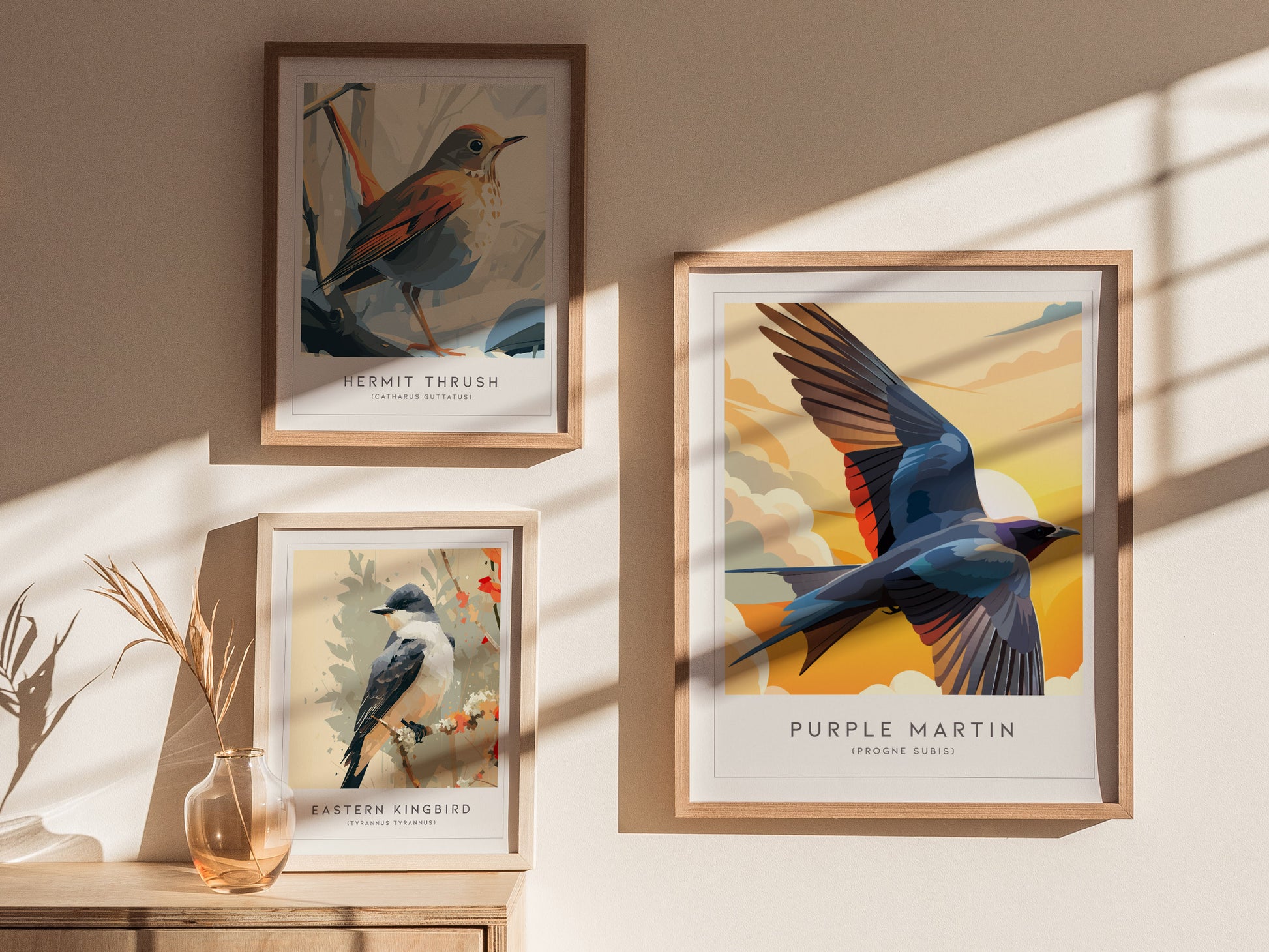Purple Martin Poster | Graceful Songbird in Golden Light Wall Art — styled in a modern interior