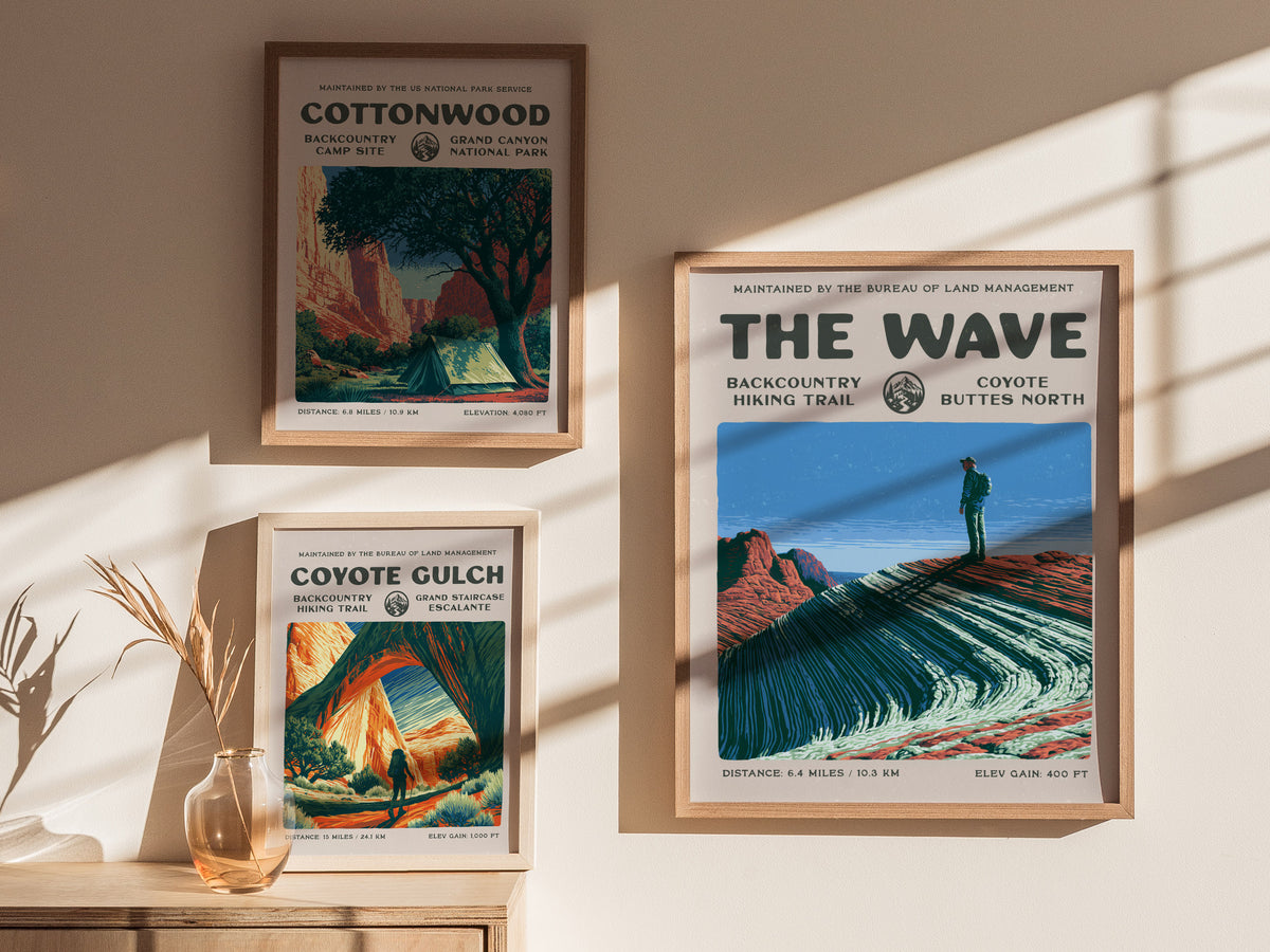 The Wave, Coyote Buttes North Poster | Hiker Gift | Backcountry Trail Wall Art — styled in a modern interior