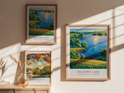 Milford Lake Matte Border Poster | Junction City, Kansas Travel Wall Art — styled in a modern interior