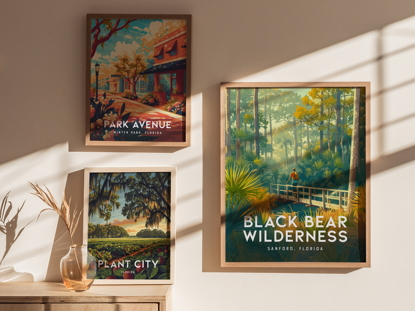Three framed posters are displayed on a wall, featuring scenic art of Park Avenue, Black Bear Wilderness, and Plant City, Florida, with sunlight casting shadows across them.
