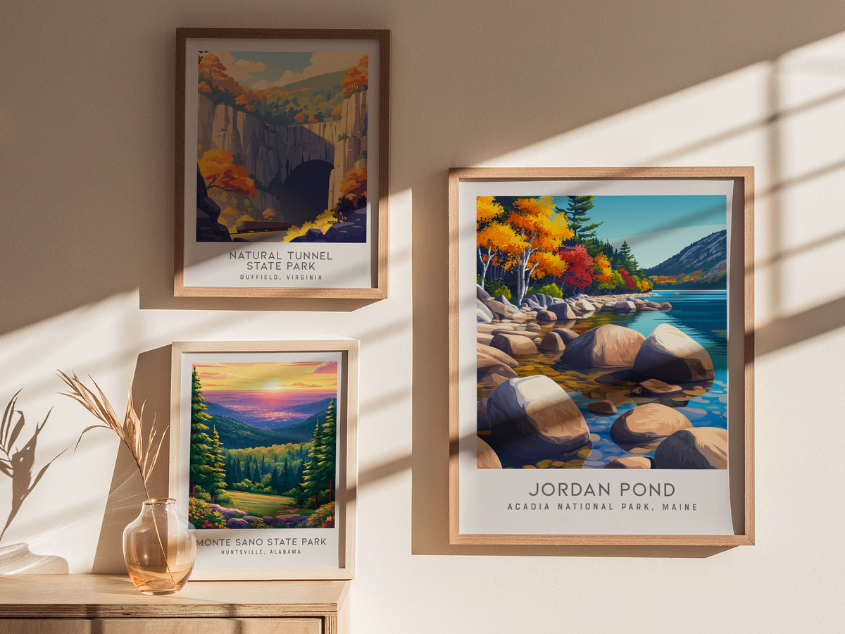 Jordan Pond Matte Border Poster | Acadia National Park, Maine Destination Print — styled in a modern interior