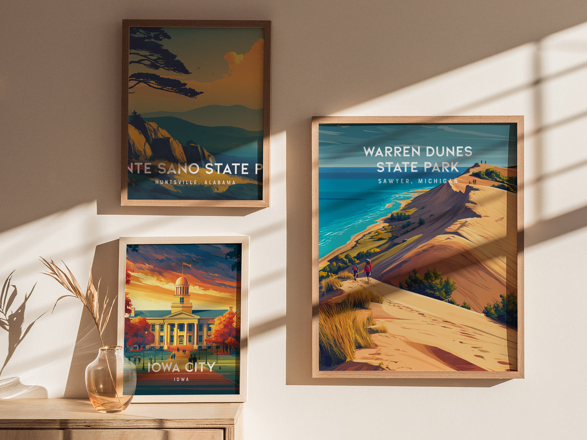 Warren Dunes State Park, Sawyer, Michigan Poster | Coastal Beach Decor Wall Art — styled in a modern interior