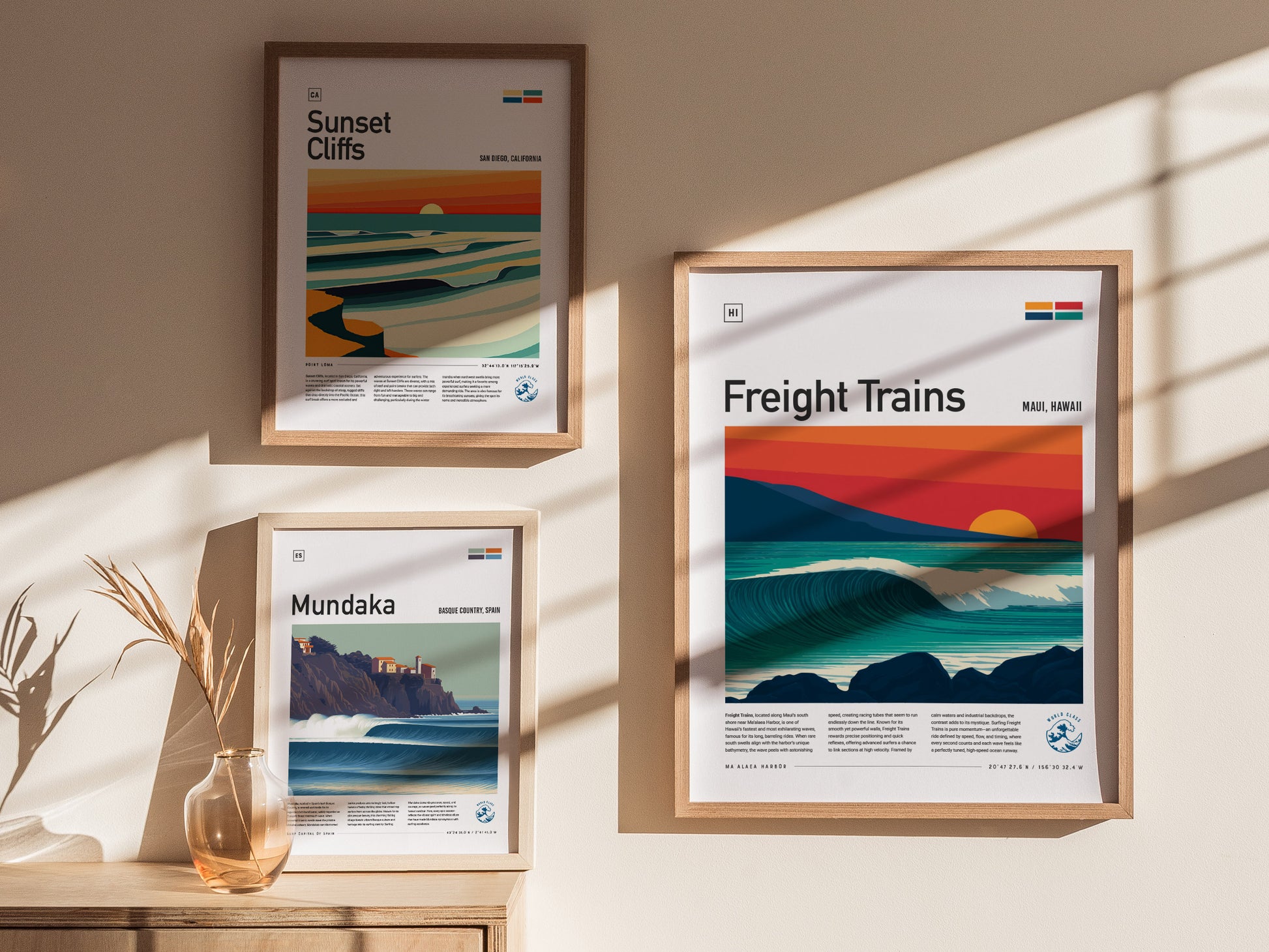 Vibrant Maui sunset with bold waves in "Freight Trains" poster, perfect surf art for decor and surfer gifts.