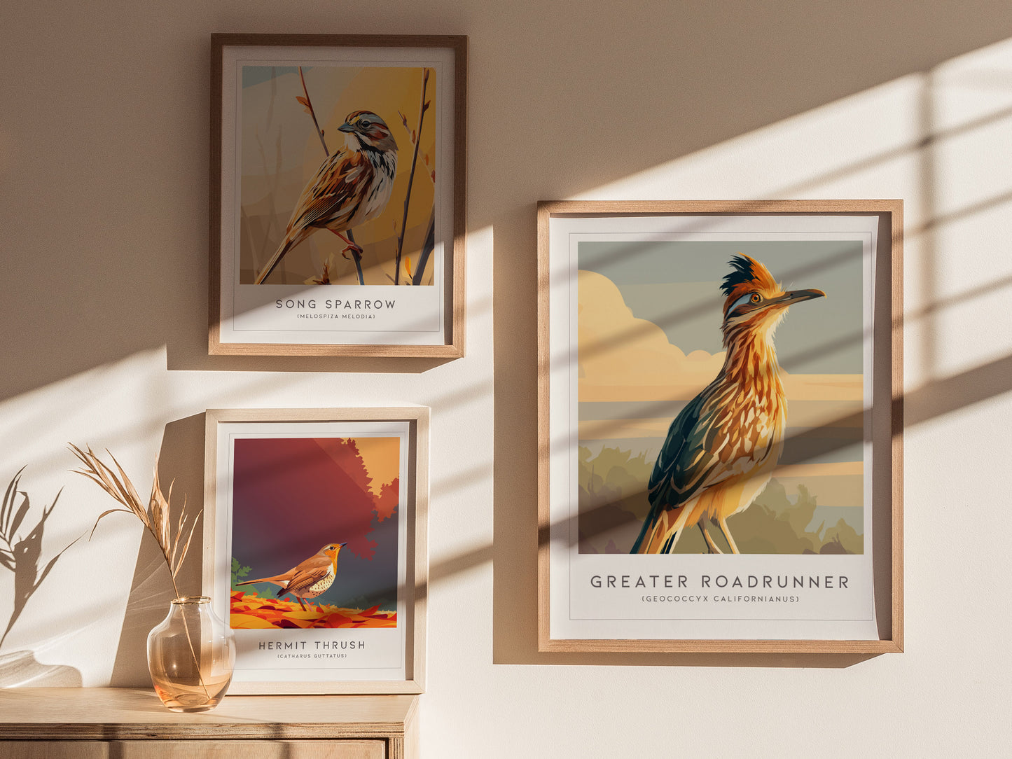 Greater Roadrunner Poster | Desert Bird & Cactus Southwest Wall Art — styled in a modern interior