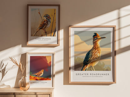 Greater Roadrunner Poster | Desert Bird & Cactus Southwest Wall Art — styled in a modern interior