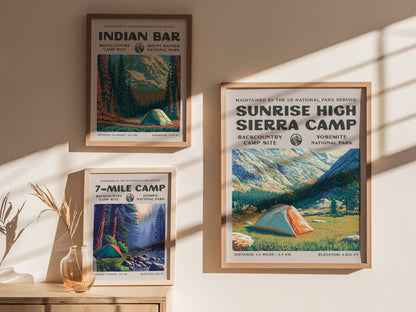 Sunrise High Sierra Camp, Yosemite National Park Poster | Backpacker Gift | Backcountry Trail Wall Art — styled in a modern i