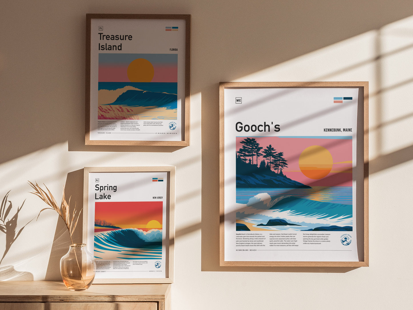 Gooch's Beach, Kennebunk, Maine Poster | Rocky Shore & Rolling Waves Wall Art — styled in a modern interior
