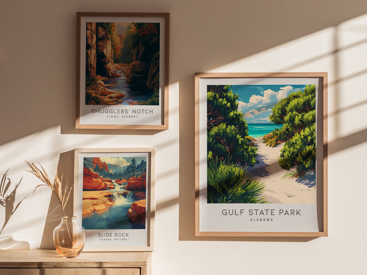 Gulf State Park Matte Border Poster | Alabama Coastal Beach Decor Travel Wall Art — styled in a modern interior