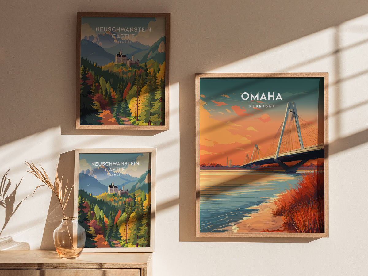 Omaha, Nebraska Poster | Heartland Skyline Destination Print Wall Art — styled in a modern interior