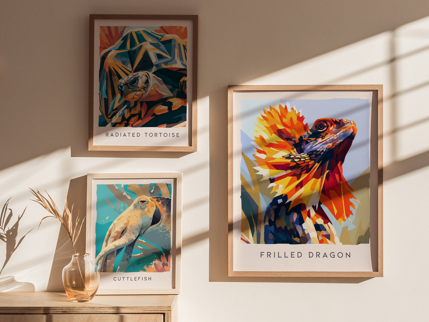 Frilled Dragon, Wildlife Poster | Ancient Reptile Portrait Wall Art — styled in a modern interior