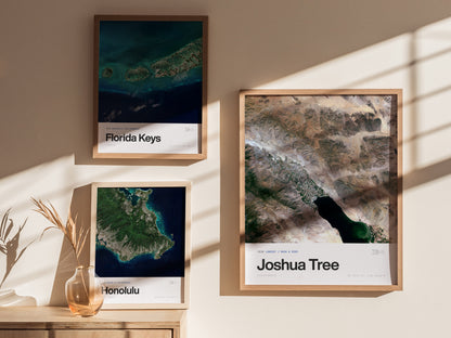 Framed Joshua Tree satellite poster showcasing detailed aerial view of the desert landscape in earthy tones, ideal travel art.