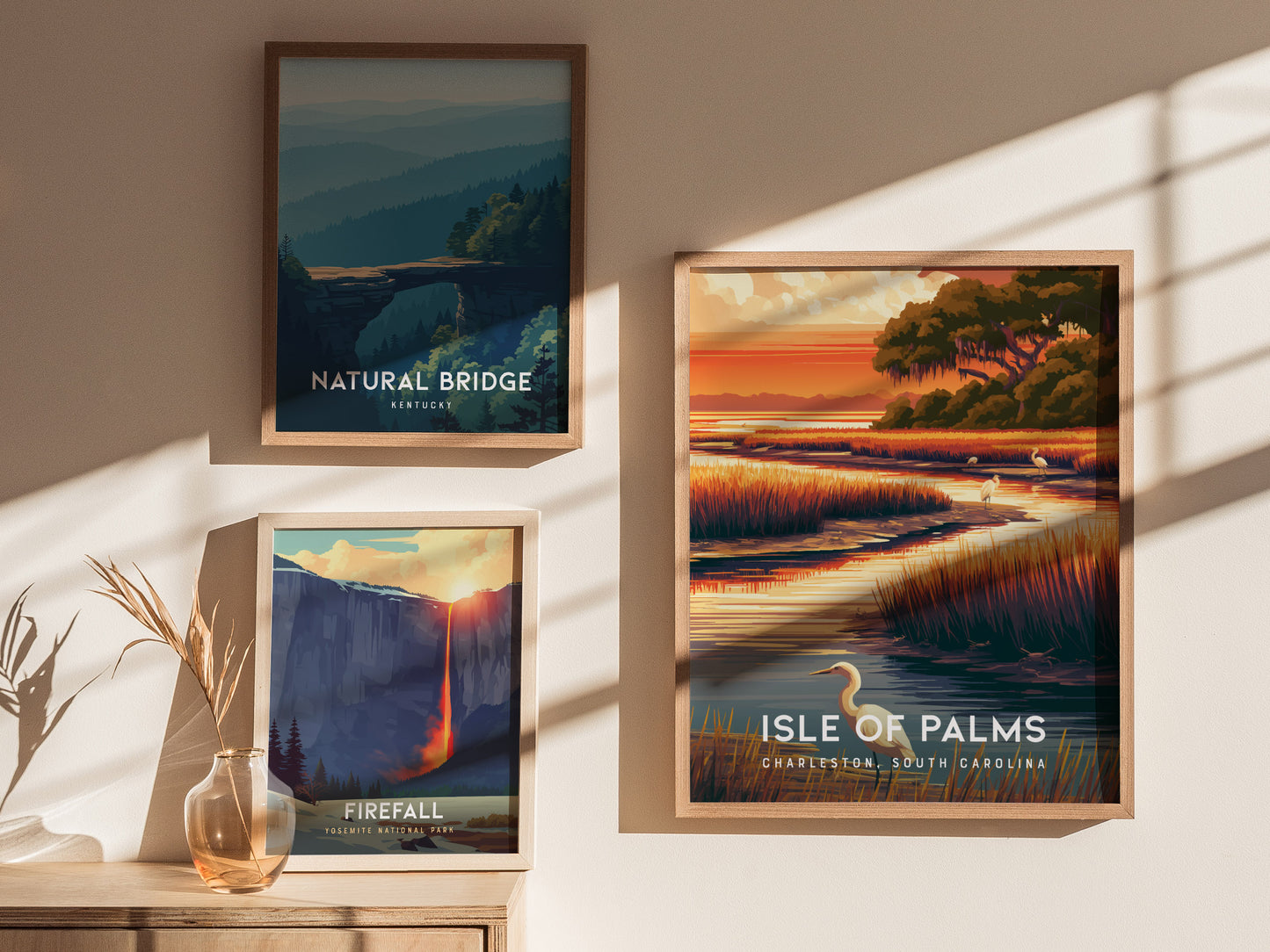 Isle of Palms, South Carolina Poster | Golden Beach & Palm Tree Wall Art — styled in a modern interior