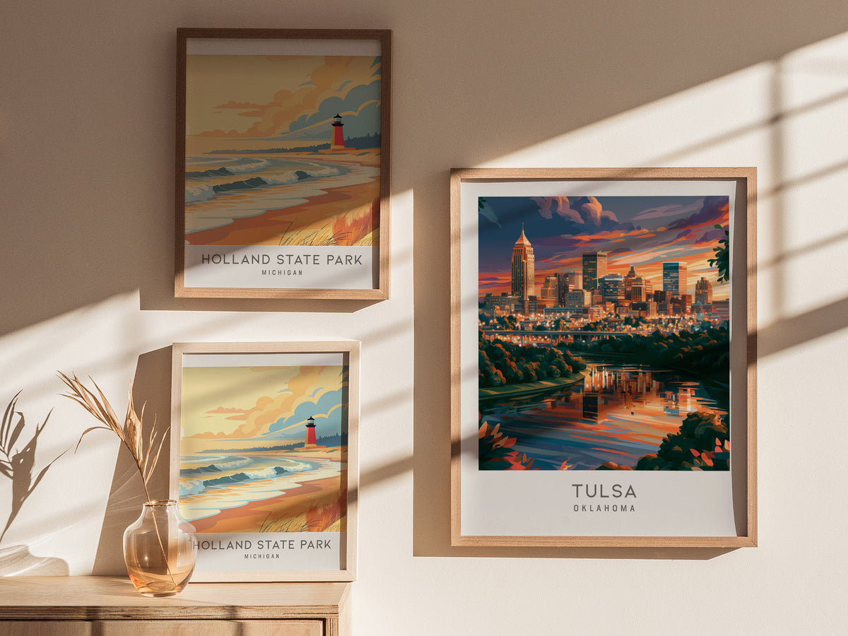 Tulsa Matte Border Poster | Oklahoma Destination Print Travel Wall Art — styled in a modern interior