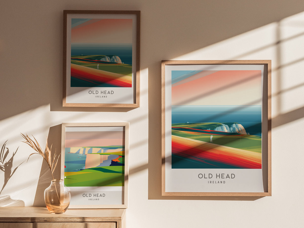 Old Head Matte Border Poster | Ireland Golf Course Print & Links Wall Art — styled in a modern interior