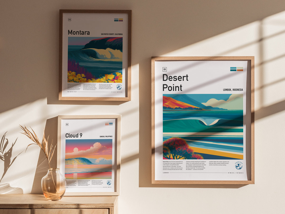 Desert Point, Lombok, Indonesia Poster | Surf Wall Art & Wave Print Wall Art — styled in a modern interior