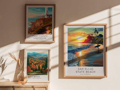 San Elijo State Beach Matte Border Poster | California Travel Wall Art — styled in a modern interior