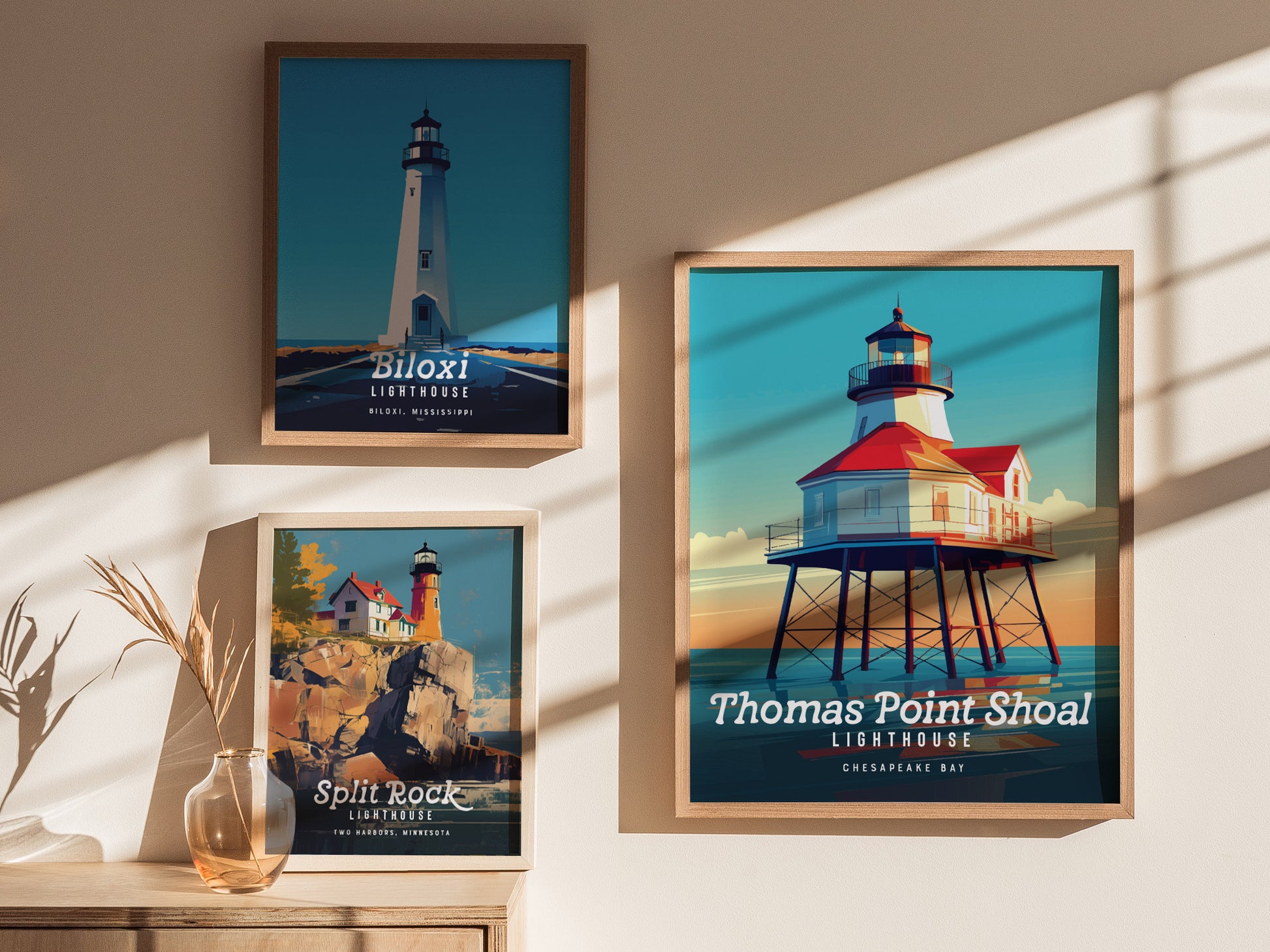 Three framed lighthouse posters are displayed on a wall, featuring Biloxi, Split Rock, and Thomas Point Shoal lighthouses. Sunlight casts shadows, adding warmth to the scene.