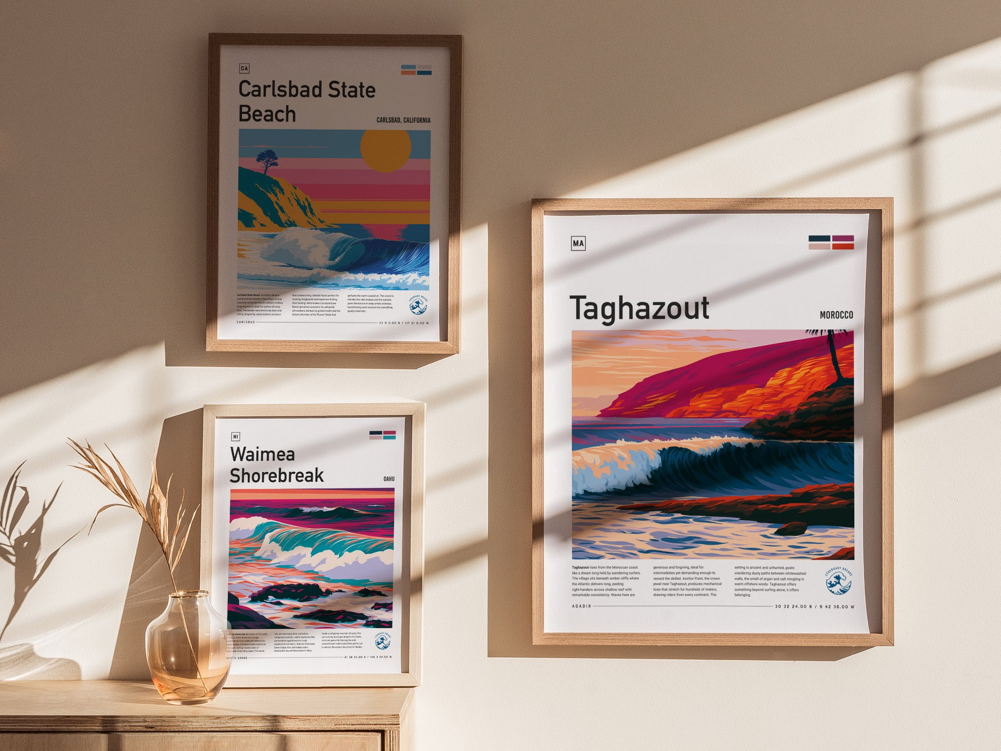 Taghazout, Morocco Poster | Sun-Kissed Surf Village Wall Art — styled in a modern interior