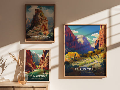 Three framed posters of Zion National Park landscapes are displayed on a wall, featuring Angels Landing, The Narrows, and Parus Trail, with sunlight casting shadows.
