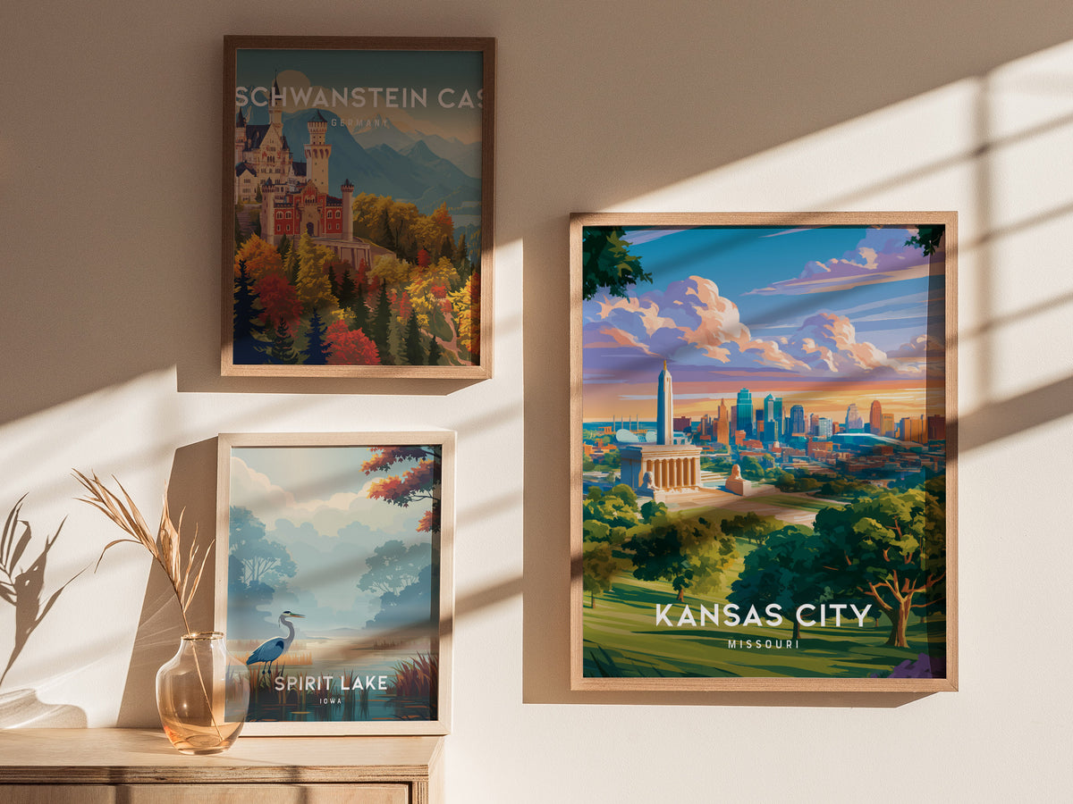Kansas City, Missouri Poster | BBQ Jazz & Fountains Destination Print Wall Art — styled in a modern interior